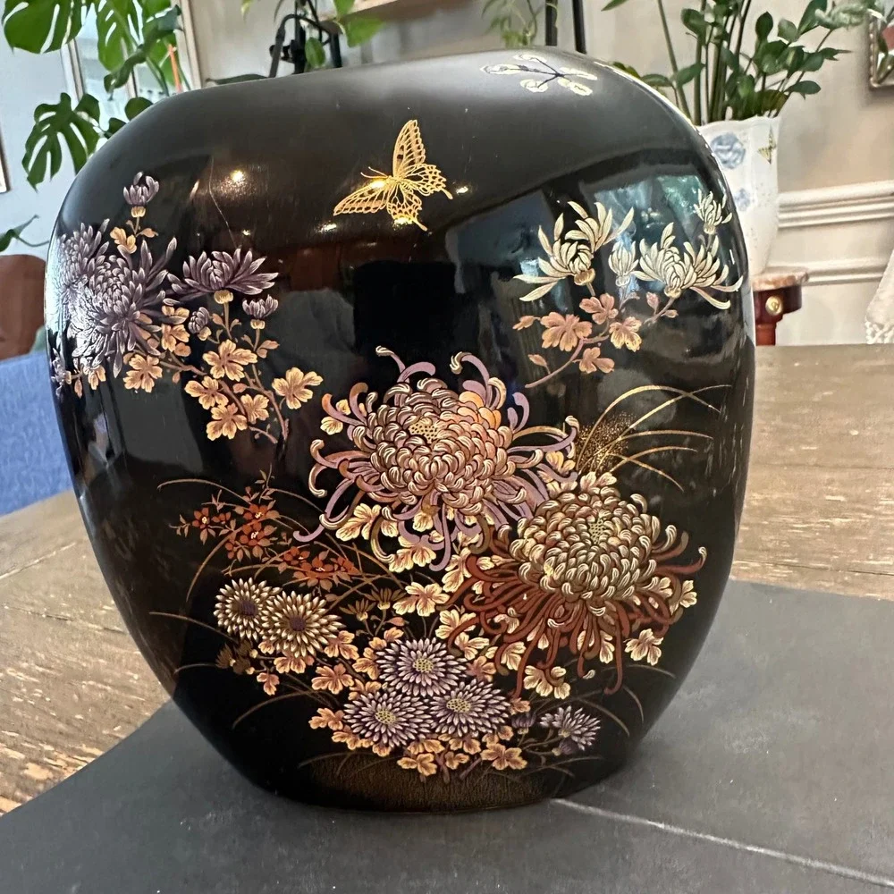 Vintage Japanese Black Porcelain Thin Vase Decor Chrysanthemum Butterfly 7 inch